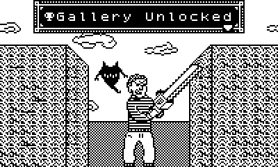 Screenshot of Pulpergeist, showing a pixelated man holding a chainsaw, with a ghostly demon hovering behind him. Text at the top says "Gallery unlocked".