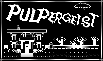 Title screen of Pulpergeist, with the title in ghostly letters above a pixellated mansion house and wood.