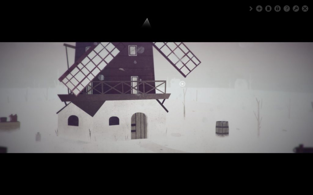 Screenshot of Year Walk, showing a the bottom half of a windmill in the snow with a barrel outside.