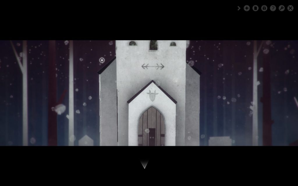 Screenshot of Year Walk, showing the front of a small, grey church among thin trees and snow.