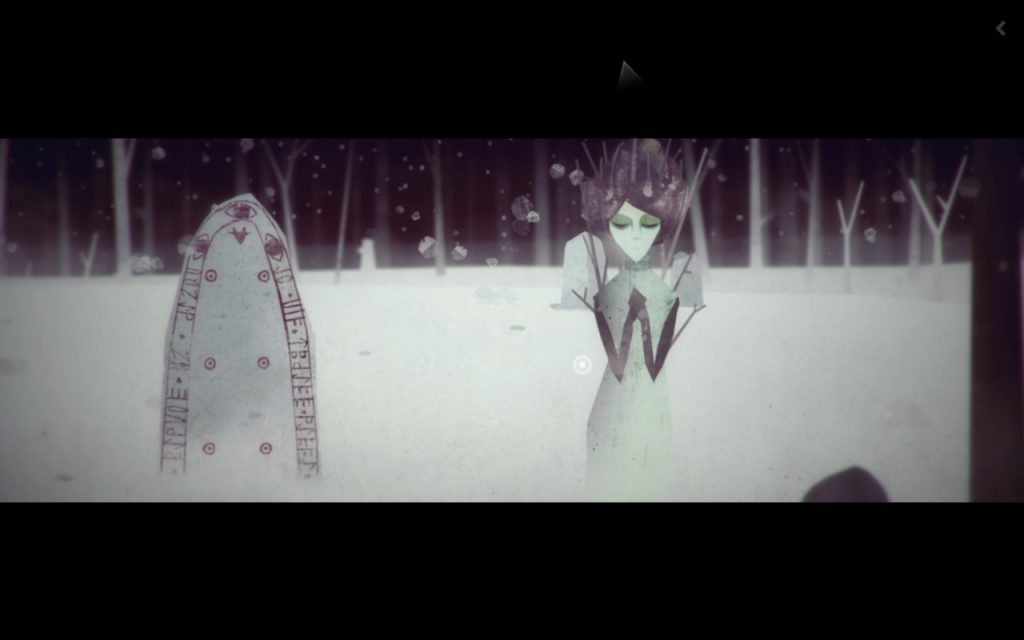 Screenshot of Year Walk, showing a strange stone with rune symbols on it, beside a strange lady that seems to have her eyes closed, holding her stick-like arms together.