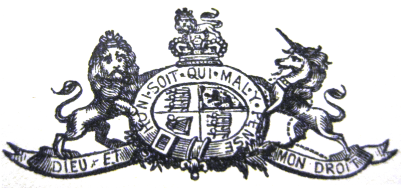 Black and white illustrated crest showing a Lion and a Unicorn