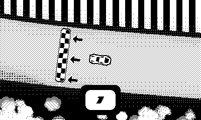 Screenshot of Funny Racer on the Playdate, showing a car at the starting line and the number 1 in a countdown box.