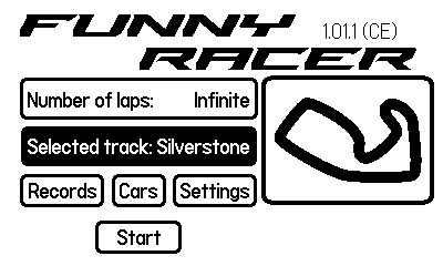 Screenshot of Funny Racer on the Playdate, showing the start menu with options for number of laps, track, an image of the selected Silverstone track, and other options.