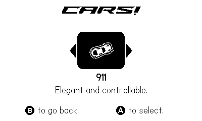 Screenshot of Funny Racer on the Playdate, showing the car selection screen. Text reads "Cars!" at the top, and a car labelled "911, Elegant and controllable" is selected.