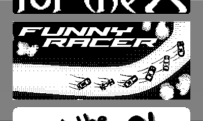 Screenshot of the Funny Racer launcher on the Playdate, showing the game's title and a series of cars drifting around a bend in the track.