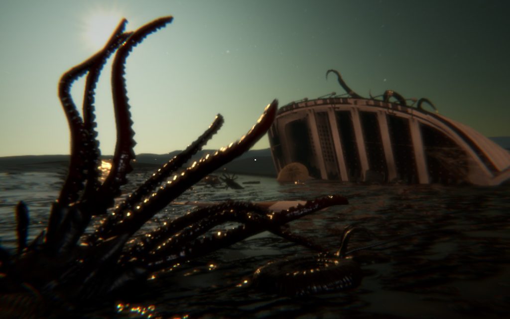 A screenshot from Dagon, showing a capsized boat in a large sea, with the dark tentacles of a large squid threatening to grab it.