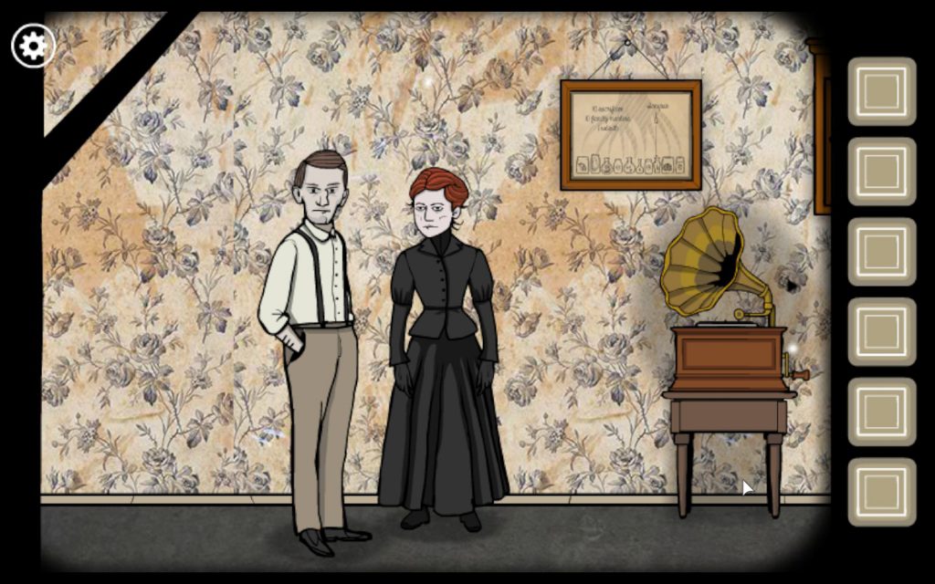 Screenshot from Rusty Lake: Roots, showing two hand-dawn characters - a man and a lady - in old-fashioned dress, standing next to each other. A picture hangs in the background and a gramophone sits against the wall. 