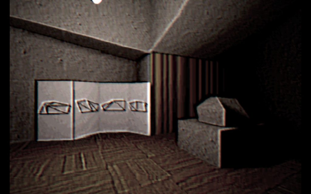 Screenshot from "The Space Between", showing a dark room with a large stone block one one side, and a folded screen on the other that has abstract black and white line drawings, maybe of the stone, on it. 