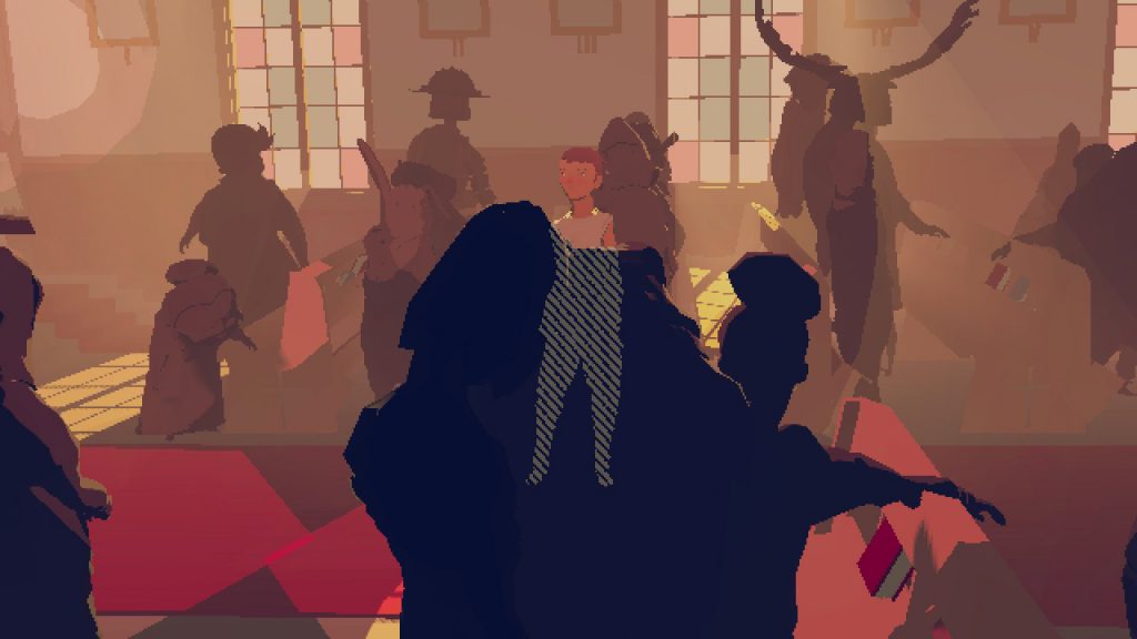 Screenshot from Boreal Tenebrae, showing a collection of silhouetted figures in a room.