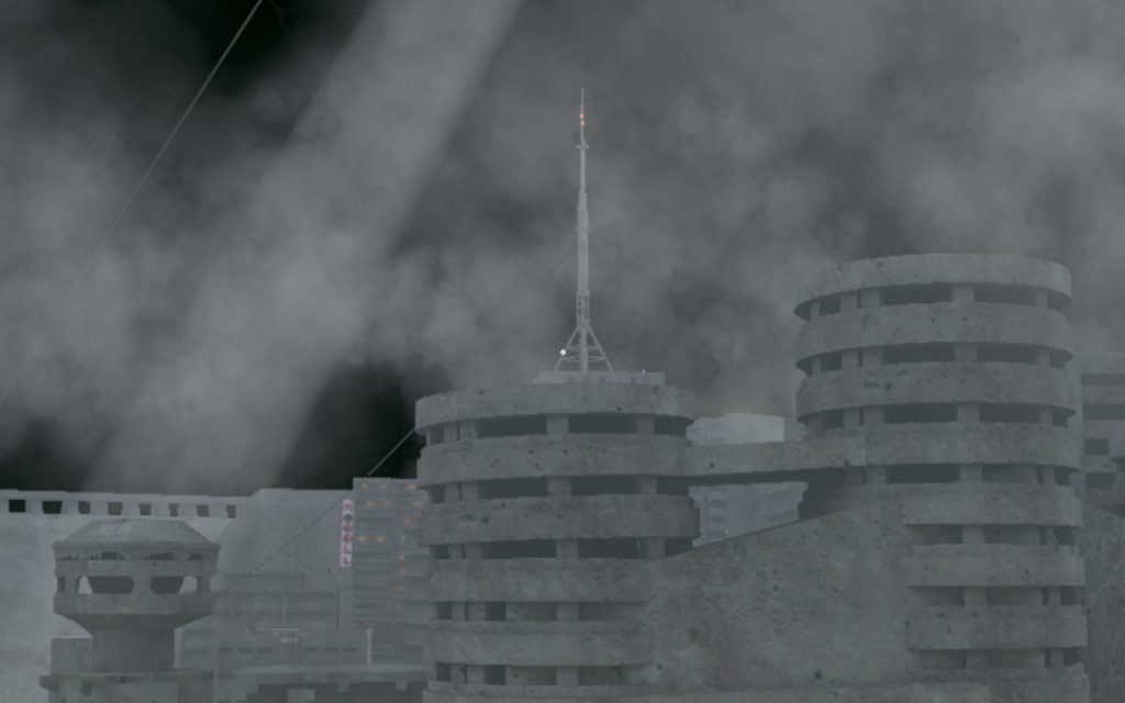 A screenshot from Babbdi, showing two grey towers against a monotone sky,