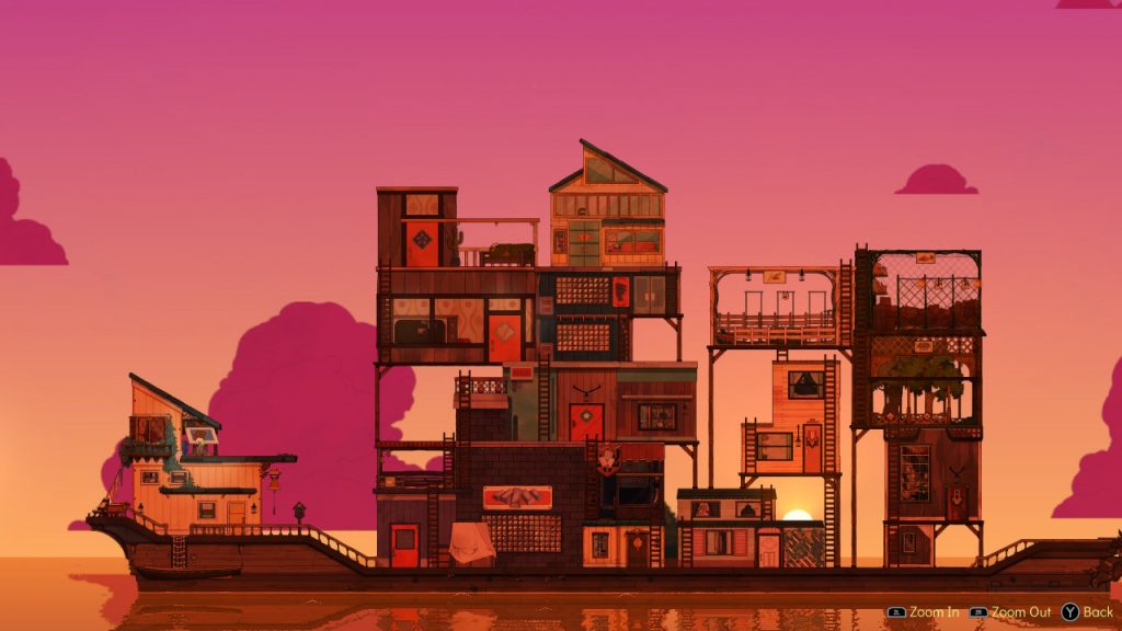 Screenshot from Spiritfarer, showing an assemblage of rooms built on top of a large boat, against a pastel sunset.