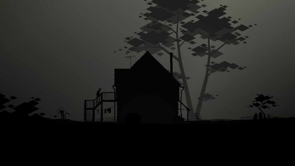 Screenshot from Kentucky Route Zero, showing a dark silhouette of a house and tree in the grey fog.