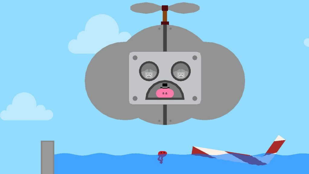 Screenshot from Pikuniku, showing a cartoony grey flying robot above a pool of water, with a pink character looking out from the robot's mouth.