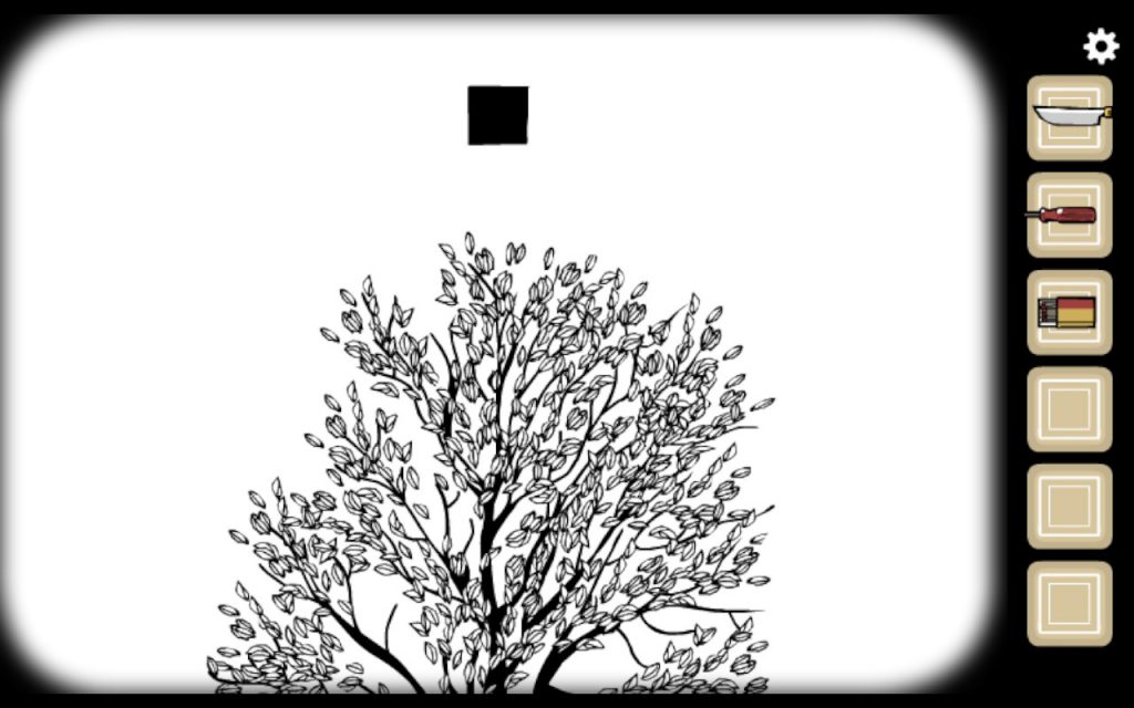 Screenshot from Rusty Lake: Roots, showing a black tree against a white background, with a black square floating above the tree.