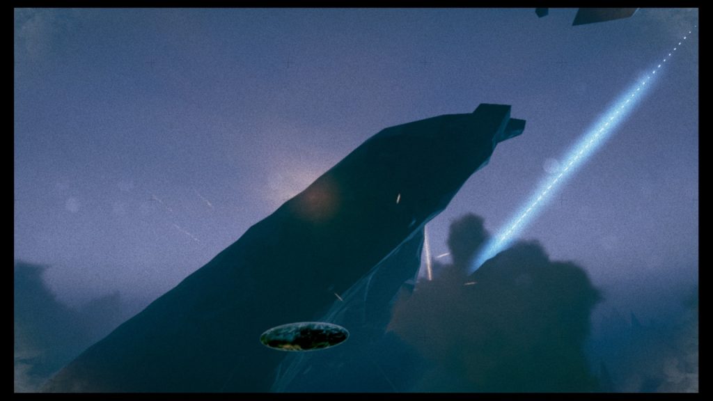 Screenshot from Exo One, showing a large angular building and a burst of blue light pointing into the sky. A disk hovers in the foreground.