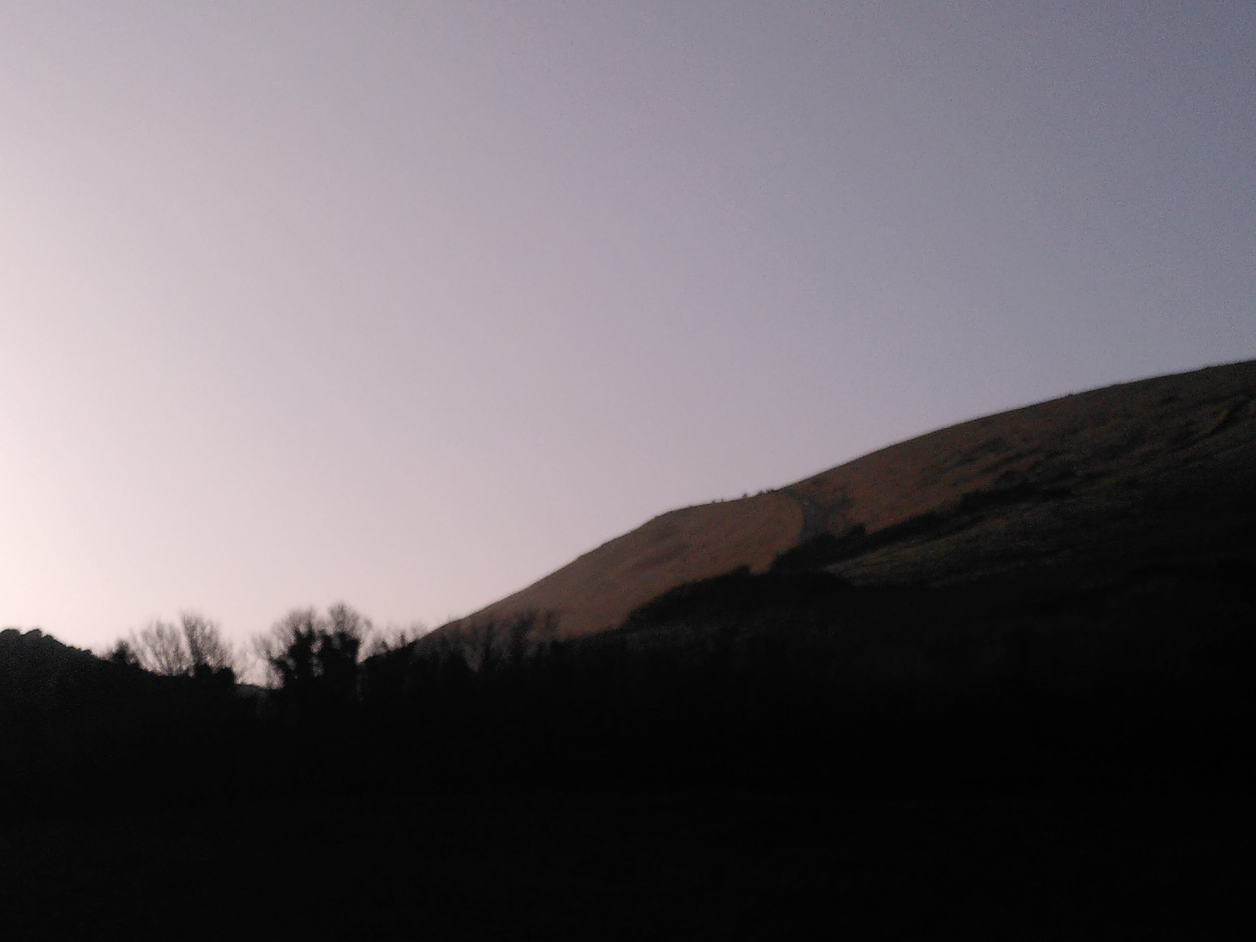 The edge of a hill, lit up by end-of-day Sunlight.