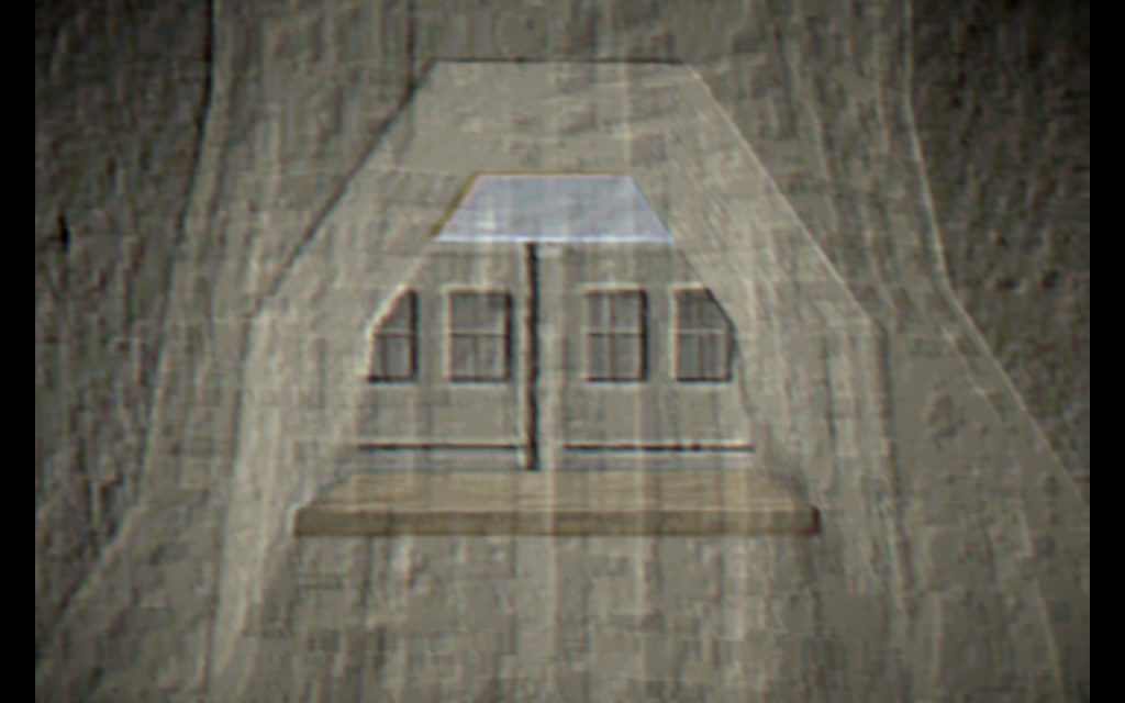 Screenshot showing a low-polygon view of a curtain covering a concrete window, looking out.