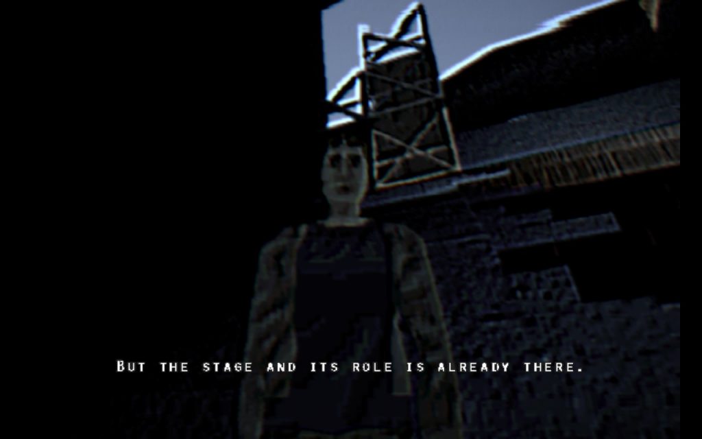 Screenshot showing a low-polygon figure standing against a dark background. Subtitles read "But the stage and its role is already there."