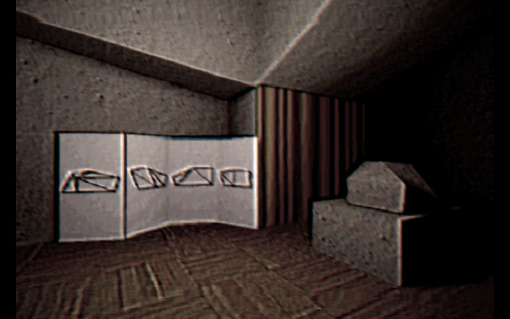 Screenshot of a room in which there is a panelled screen with abstract shapes, beside a concrete or stone block resting on another, larger block.
