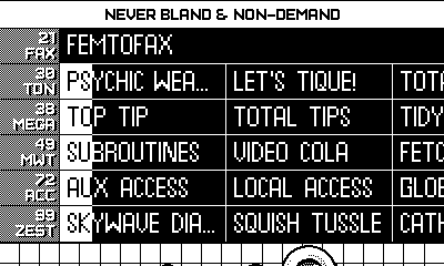 Screenshot of the Blippo+ TV guide on the Playdate, with several rows of text showing different programmes available.