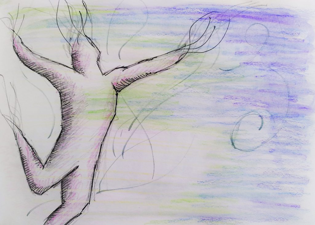 Sketch showing an abstract dancing figure against a hazy purple and green painted backdrop
