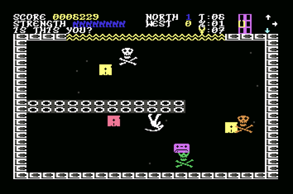 Screenshot of Ancipital by Jeff Minter, showing a strange room in old computer graphics, with an upside-down goat figure surrounded by floppy disks and skulls-and-crossbones.