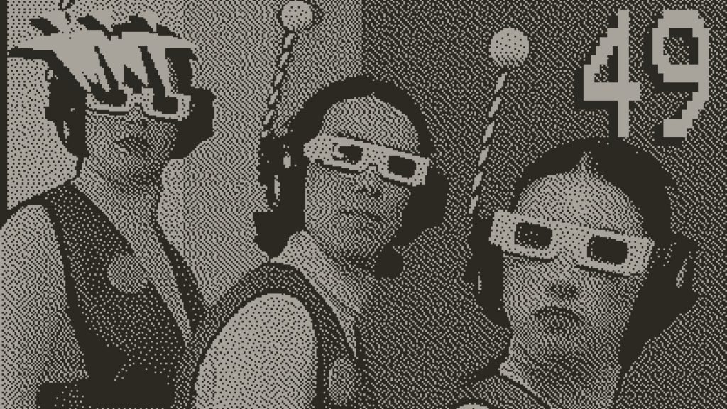 Screenshot of Blippo+ in dithered black and white, showing three figures wearing retro-futuristic glasses with ping-pong balls on straws going up from one side.