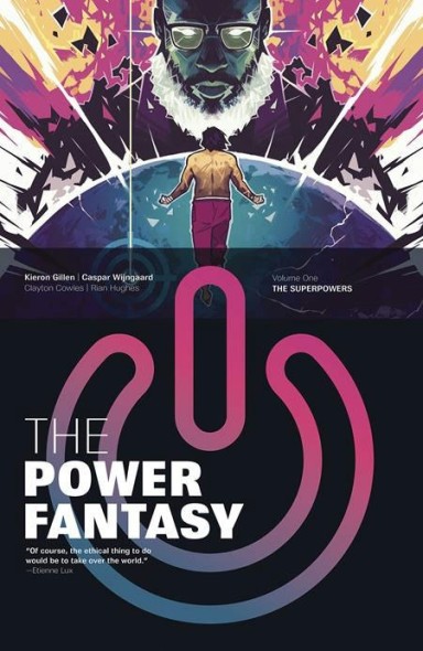 Cover of the Power Fantasy, showing a large computer power symbol, below the back of a figure staring up at a huge spectacled face above a flashing orb.