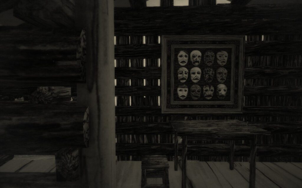 Screenshot from "Mundaun", showing the inside of a log cabin with a framed set of 12 strange masks.