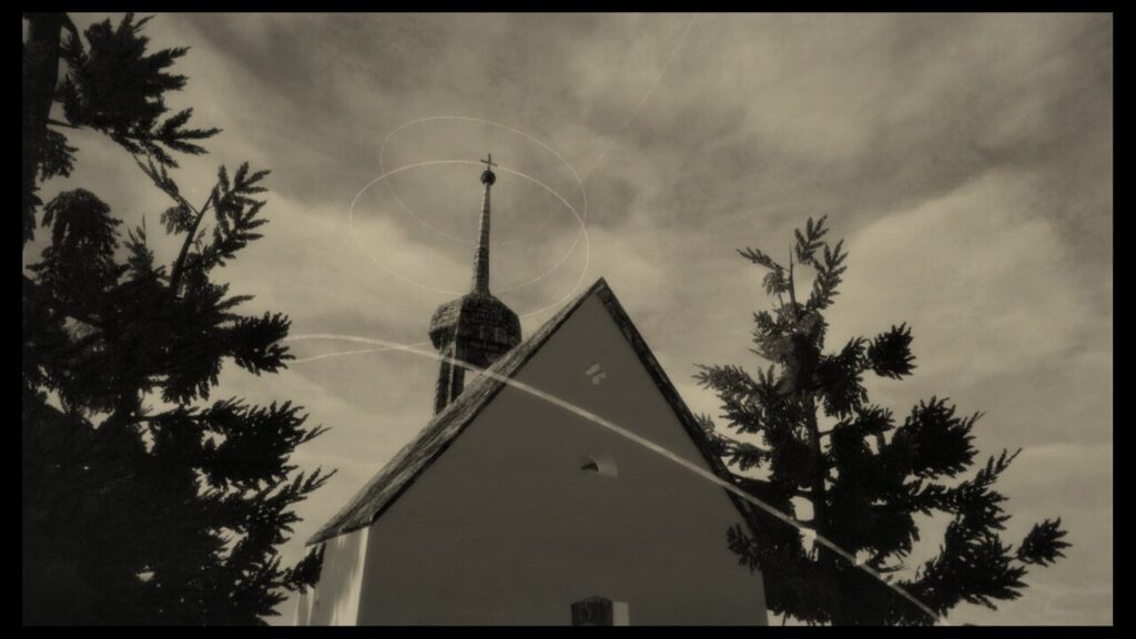 Screenshot from "Mundaun", showing the top of a church and spire, with a thin white trail spiralling down round the spire.