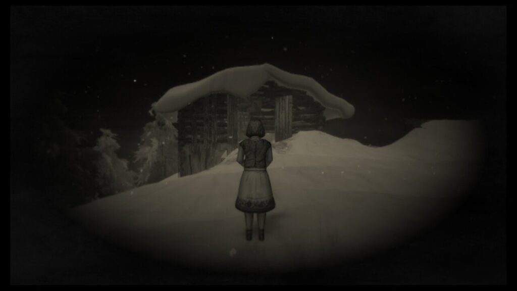 Screenshot from "Mundaun", showing a girl or young women facing away, in front of a snow-covered wooden hut in the dark.