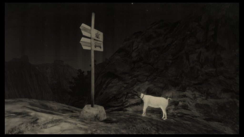 Screenshot from "Mundaun", showing a signpost among the hills in the dark, next to a headless white goat-like creature.