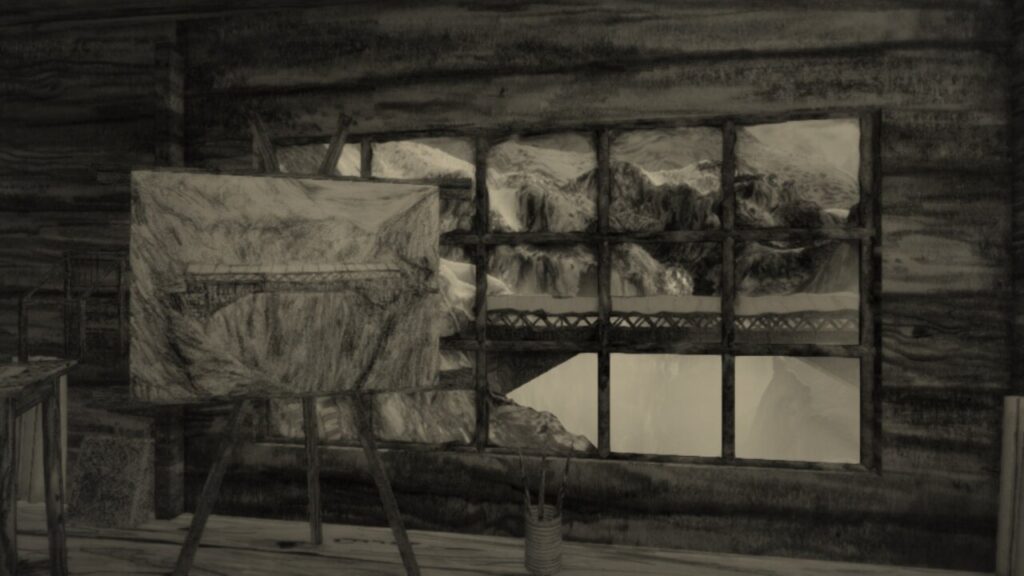 Screenshot from "Mundaun", showing a painting next to a window. The painting depicts the long, wooden, covered bridge visible through the window.