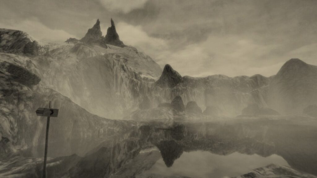 Screenshot from "Mundaun", showing a mountainous scene reflected in a still pond. Two craggy peaks stick up at the highest point of the mountains, and a signpost is visible in the foreground.