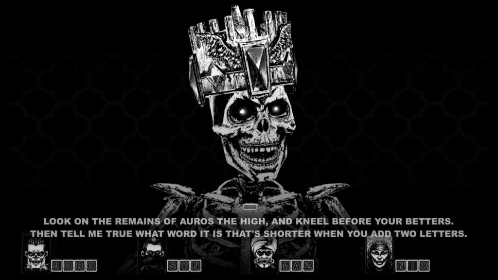 Screenshot from Cryptmaster, showing a crowned skull, and text at the bottom of the screen asking a word riddle.