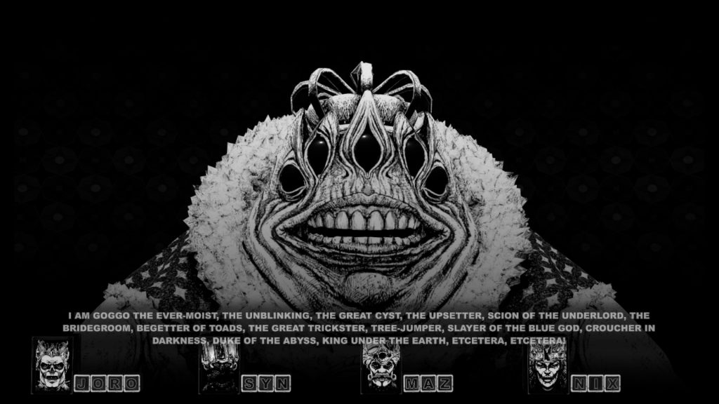 Screenshot of Cryptmaster, showing Goggo, a large multi-eyed frog-like beast wearing a dressing gown and a cruel smile.