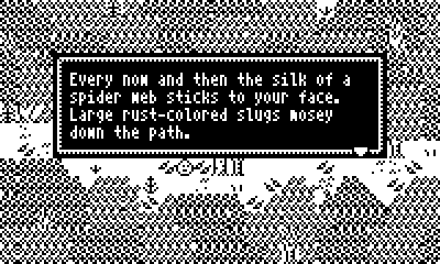 Screenshot from the Playdate game "Someday". Textured background tiles with a text box saying "Every now and then the silk of a spider web sticks to your face. Large rust-coloured slugs mosey down the path."