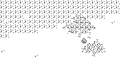 Screenshot from the Playdate game "Someday". A small blob is shown among basic 8-bit graphics showing an open field.